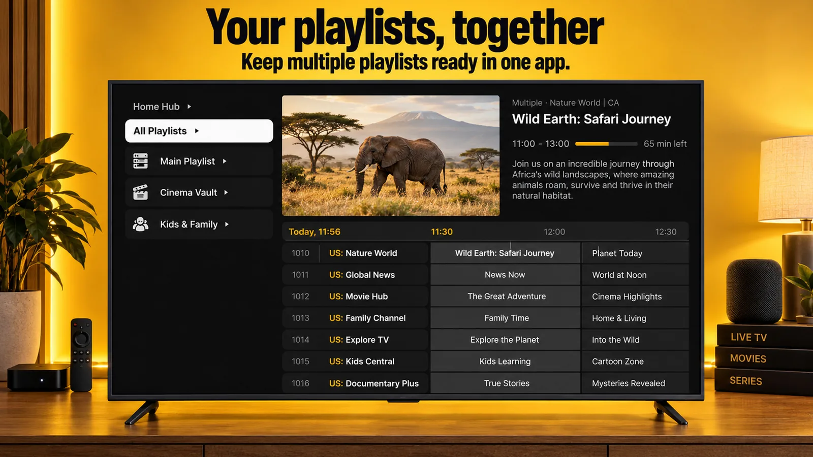 Three playlists. One place to watch.