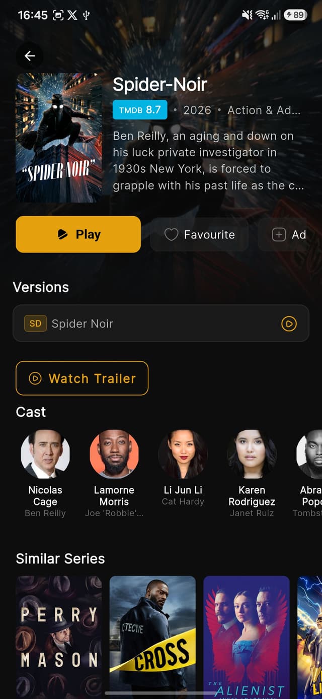 Rich title details with cast, versions, and similar titles