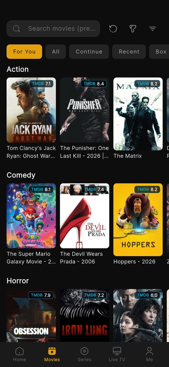 Lit IPTV movie browsing with real posters and TMDB ratings